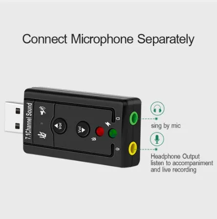 Black external USB sound card with 3.5mm headphone and mic jacks connected to a laptop