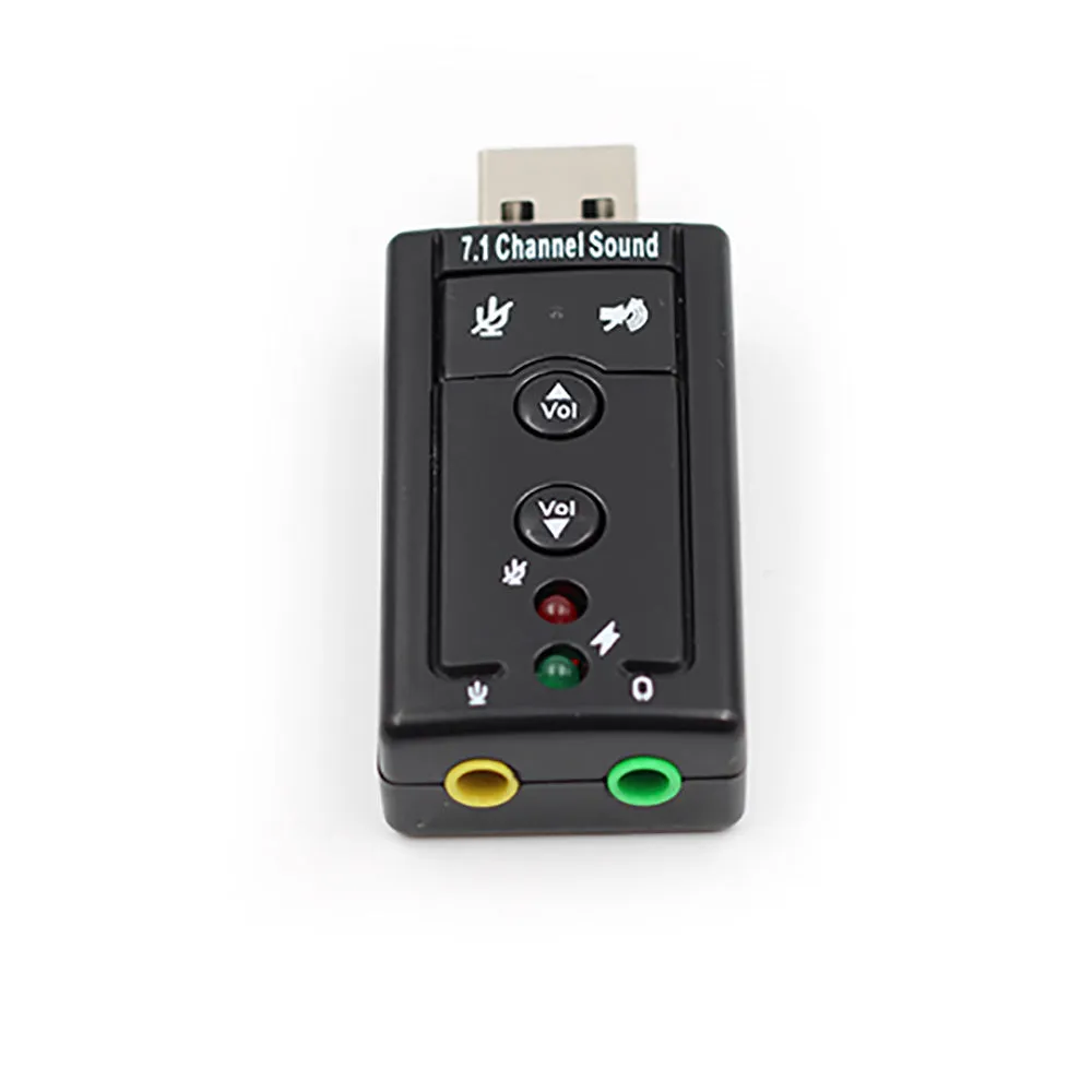 Black external USB sound card with 3.5mm headphone and mic jacks connected to a laptop
