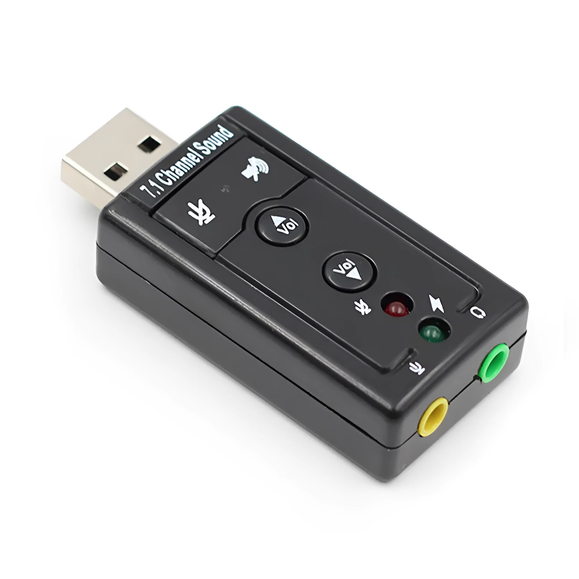 Black external USB sound card with 3.5mm headphone and mic jacks connected to a laptop