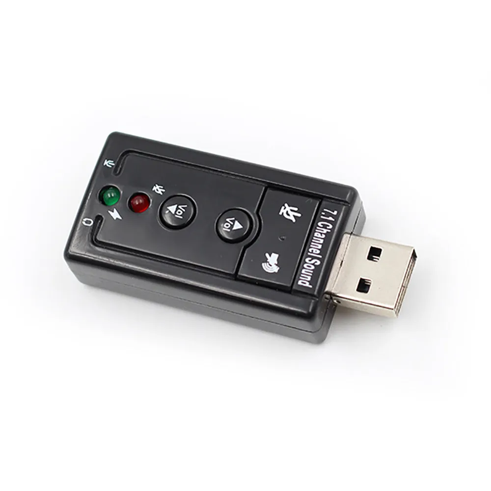 Black external USB sound card with 3.5mm headphone and mic jacks connected to a laptop
