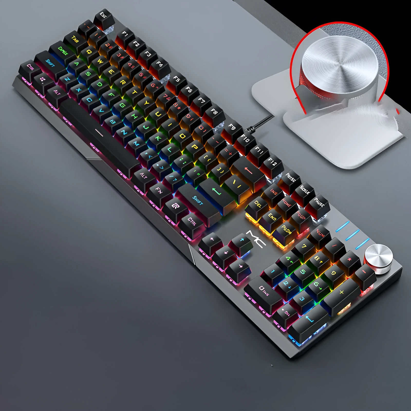 Wired mechanical keyboard 104 keys with seven-colour backlight, black mixed light green axis variant