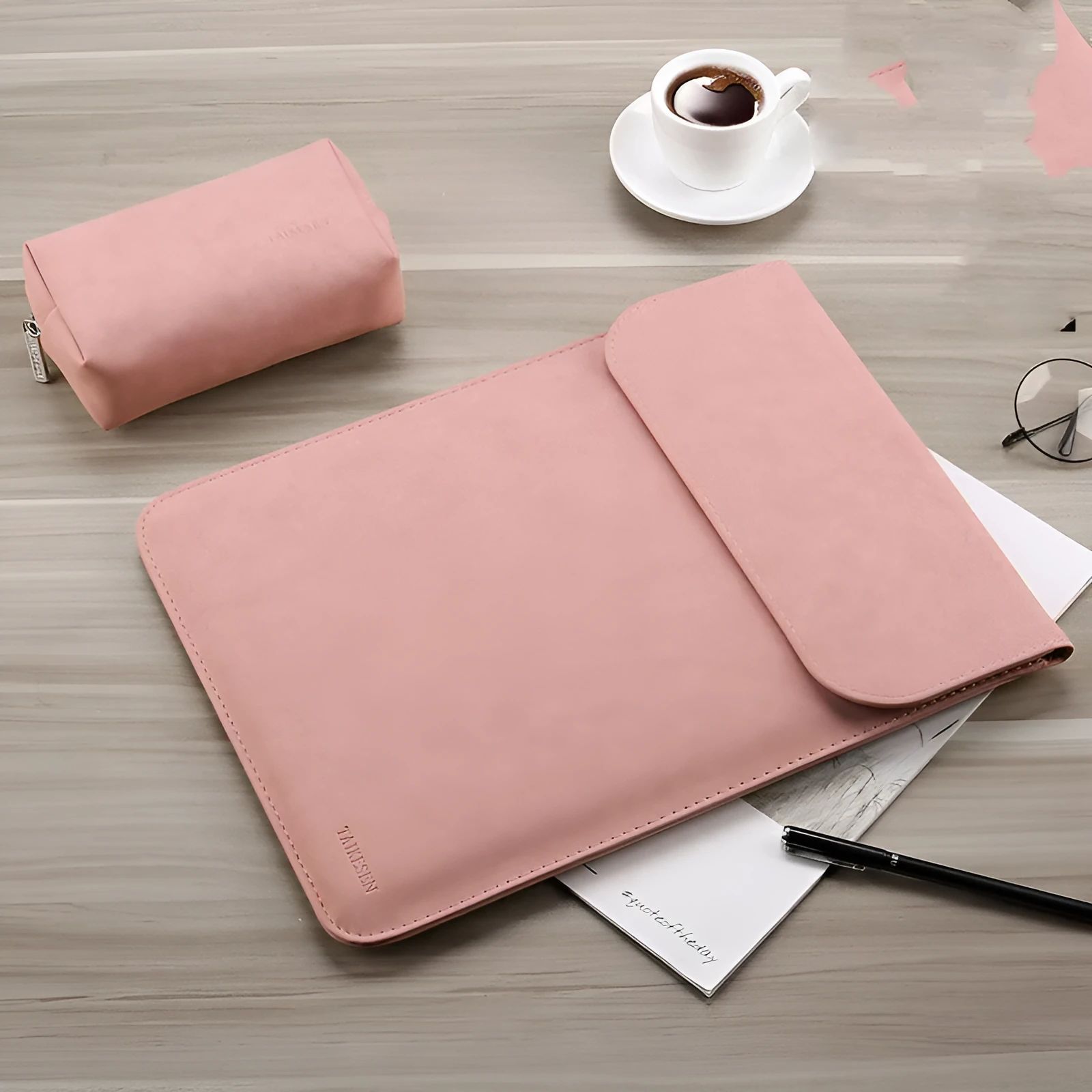 Micro velvet laptop liner bag for 13.3 inch notebook, available in multiple colours, lying on a desk