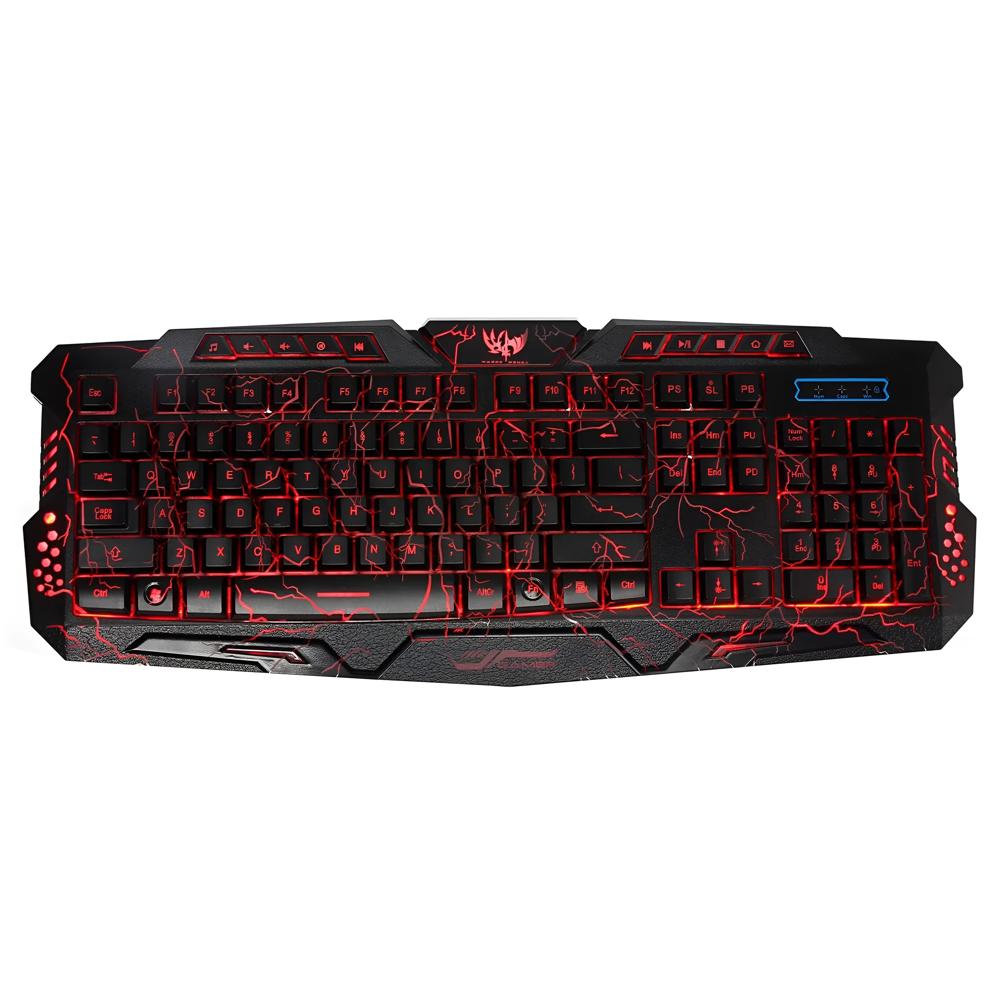 Black backlit game crack keyboard with three-colour adjustable backlight, anti-slip patches, and large curved keys