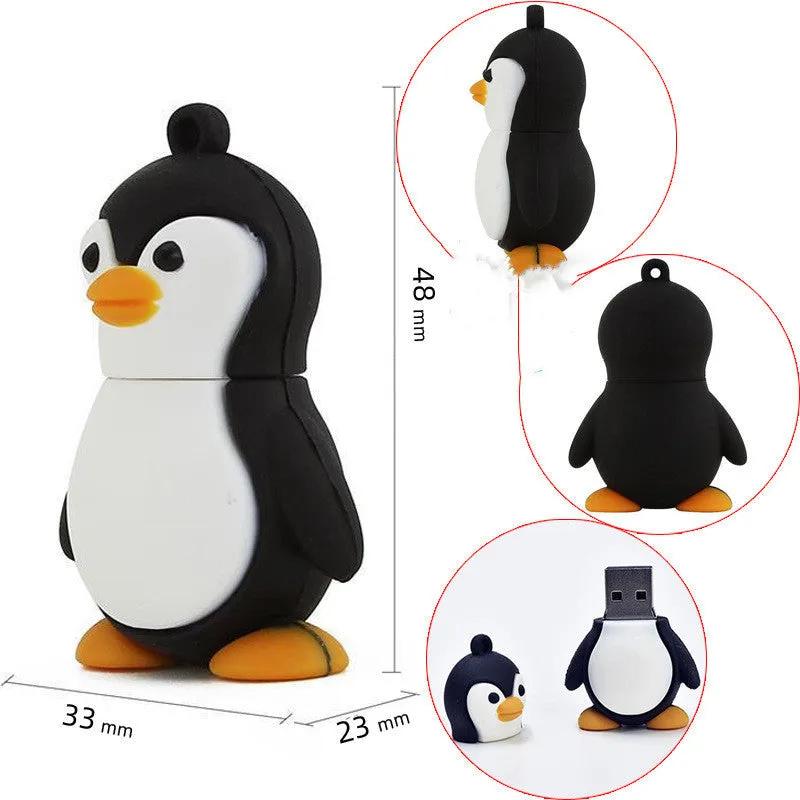 Cartoon penguin USB drive with PVC shell, USB 3.0 connector, and attached small chain on a white background