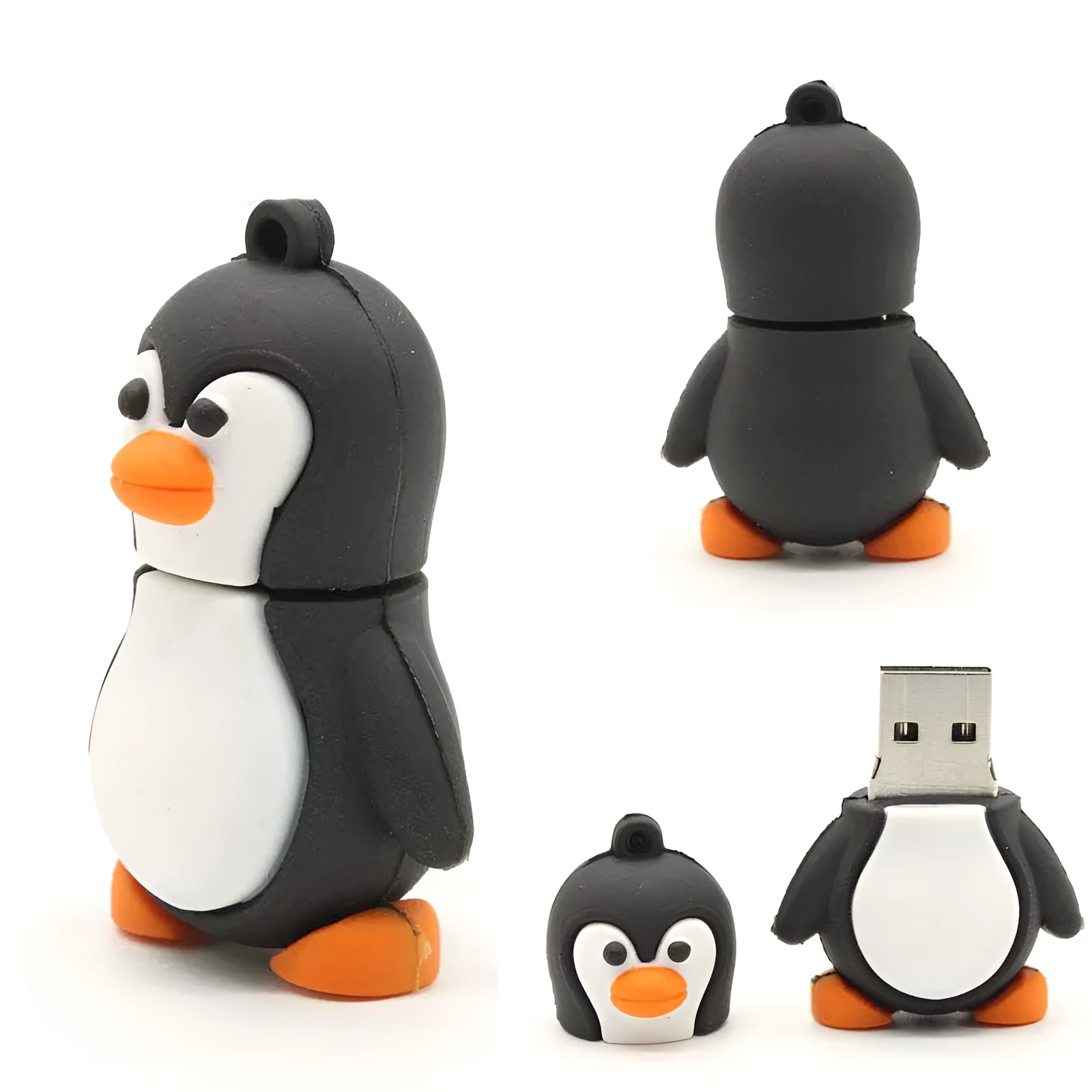 Cartoon penguin USB drive with PVC shell, USB 3.0 connector, and attached small chain on a white background