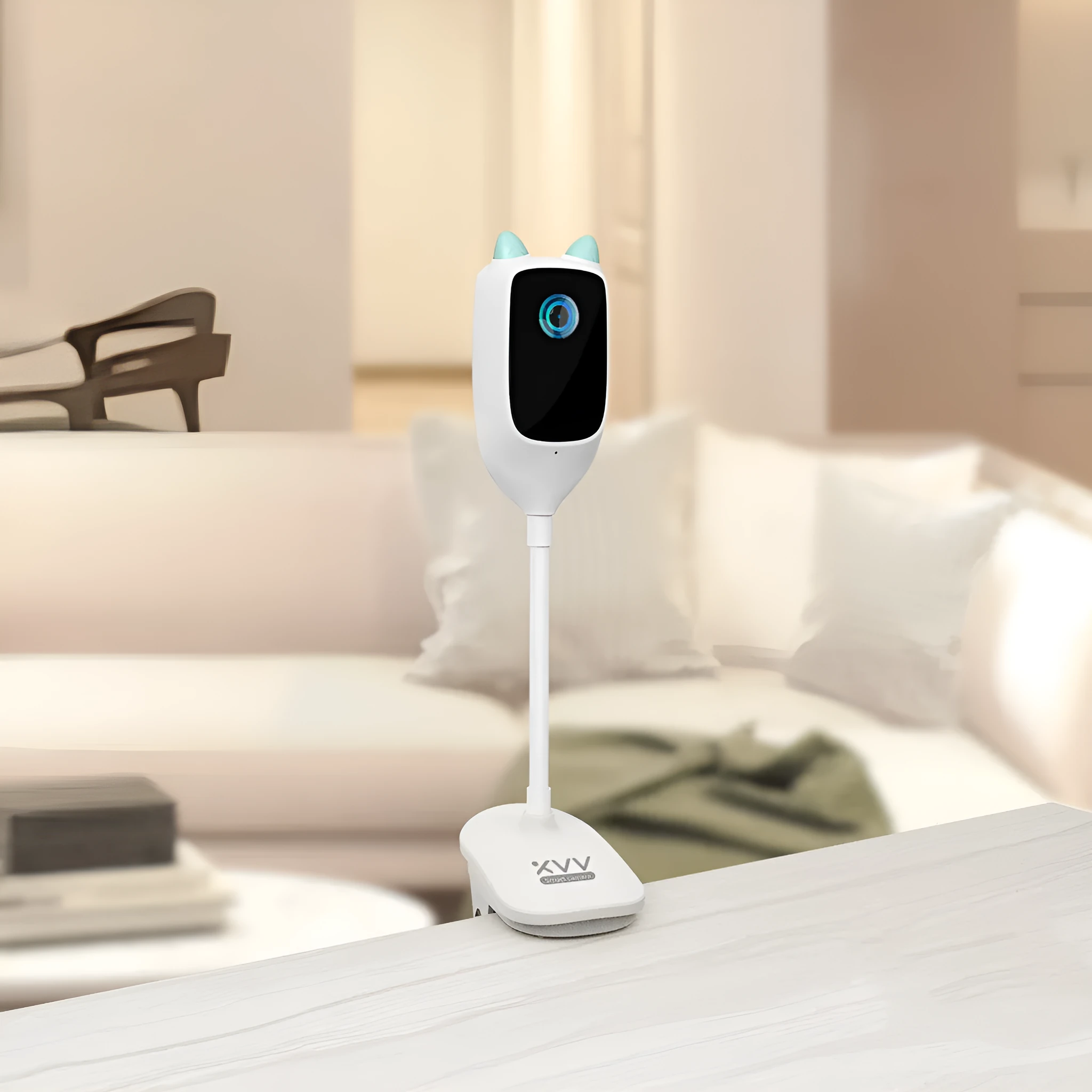 Xiaovv smart baby monitor in white with 1080p HD, night vision, and 150-degree wide angle lens