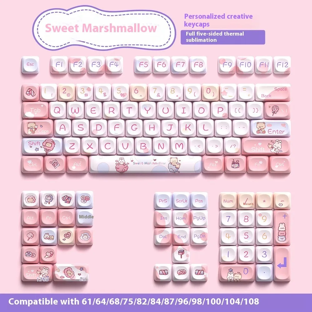 Sweet Cotton Candy pastel pink blue and white key cap set for mechanical keyboards laid out in box