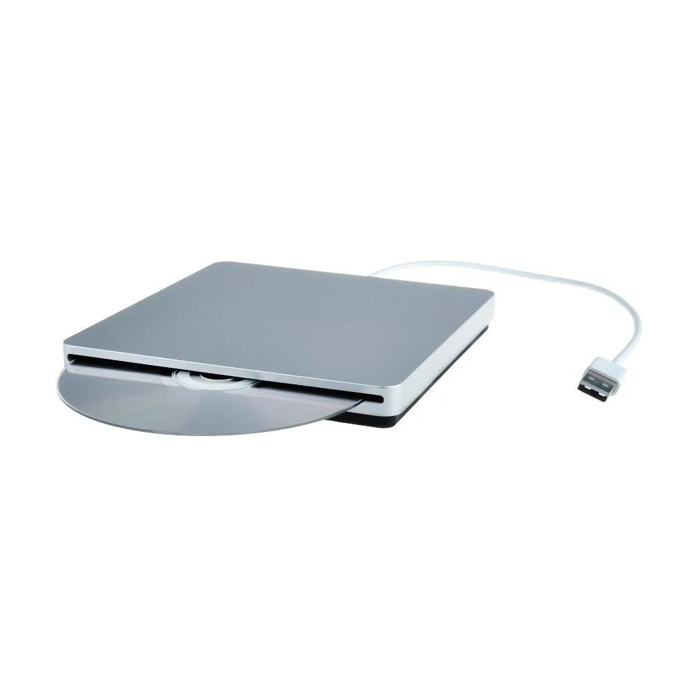 Silver external USB CD-RW DVD burner drive with slim design, dimensions 13.7 x 13.4 x 1.7 cm, for MacOS and Windows laptops