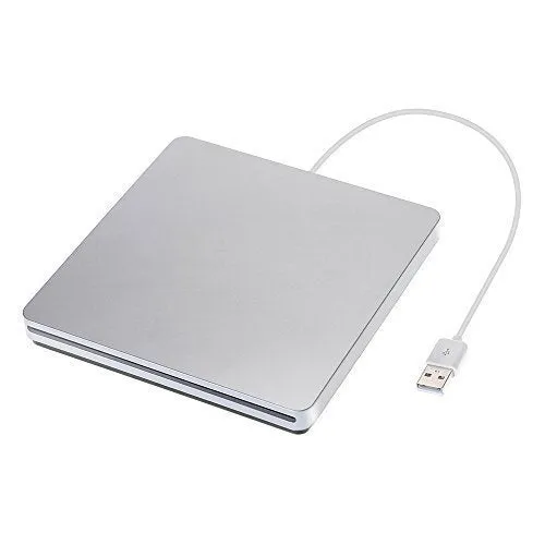Silver external USB CD-RW DVD burner drive with slim design, dimensions 13.7 x 13.4 x 1.7 cm, for MacOS and Windows laptops