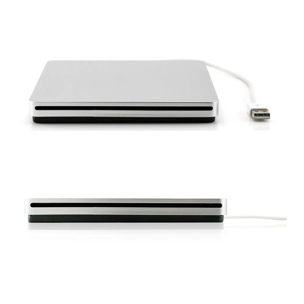 Silver external USB CD-RW DVD burner drive with slim design, dimensions 13.7 x 13.4 x 1.7 cm, for MacOS and Windows laptops