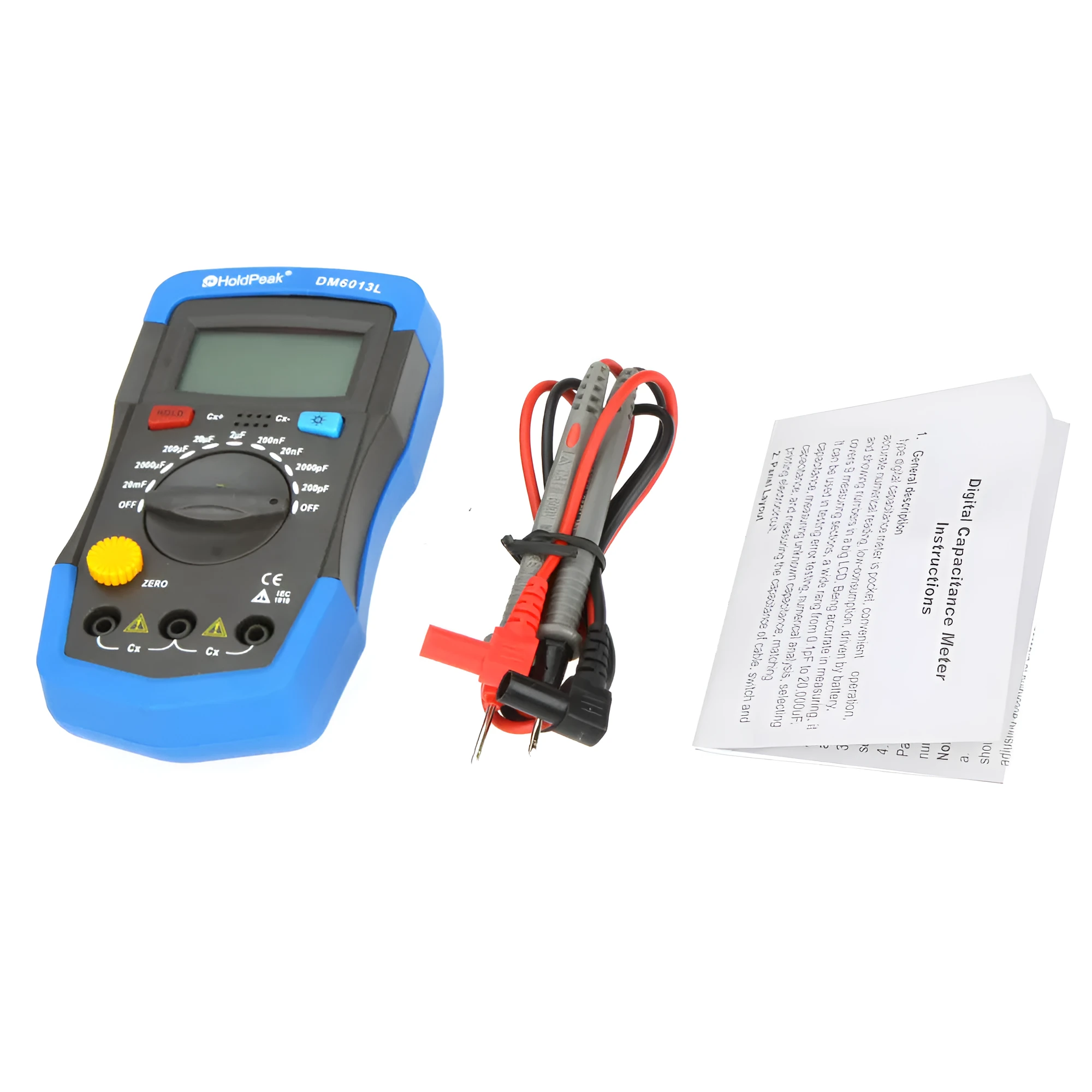 DM6013L handheld digital capacitance meter with LCD backlight, test leads, and display showing measurement