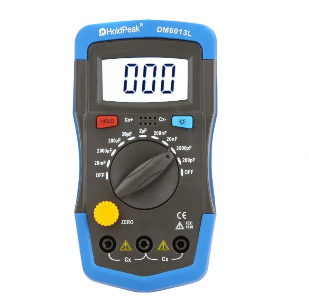 DM6013L handheld digital capacitance meter with LCD backlight, test leads, and display showing measurement