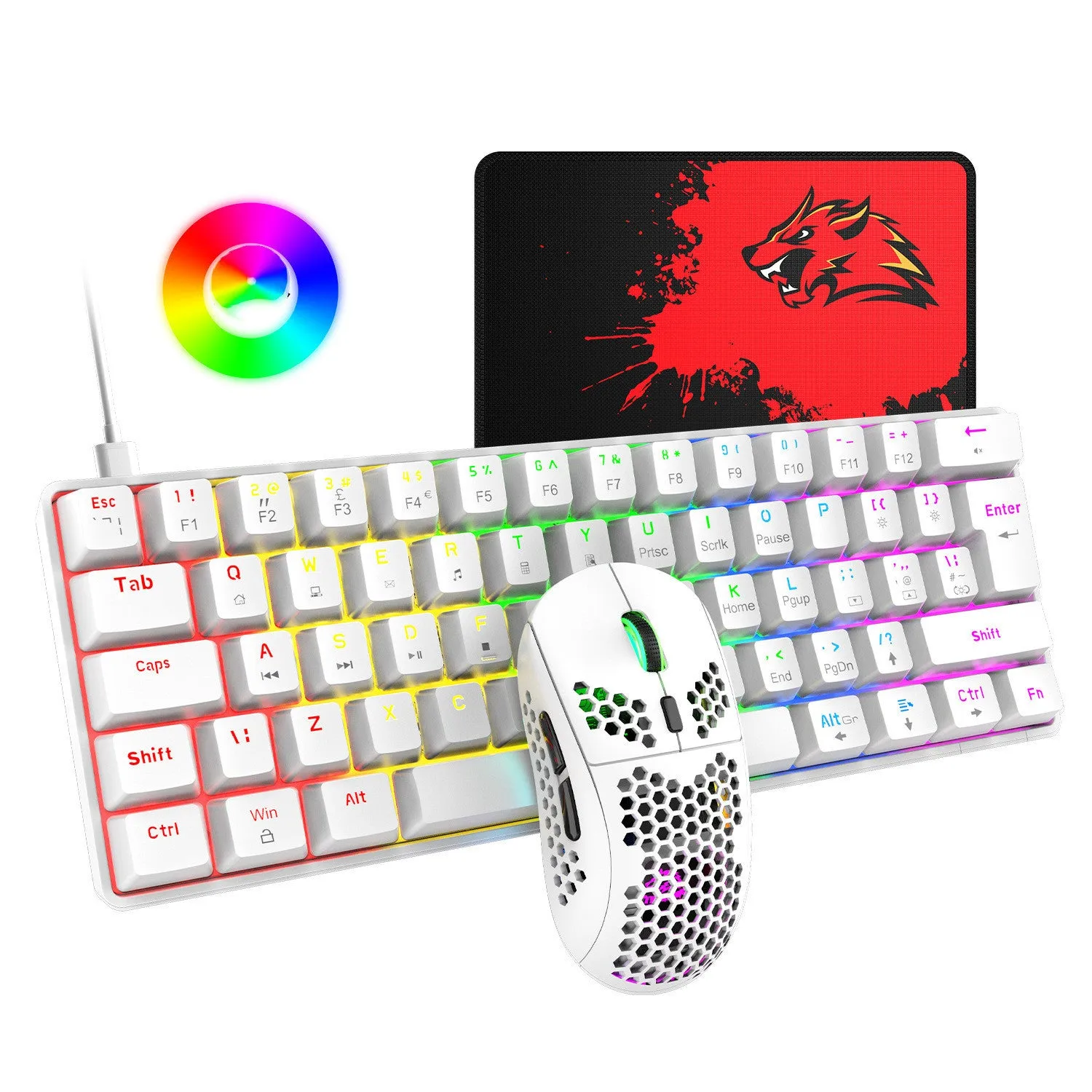 Wired gaming keyboard and mouse set with black green shaft keys and photoelectric mouse
