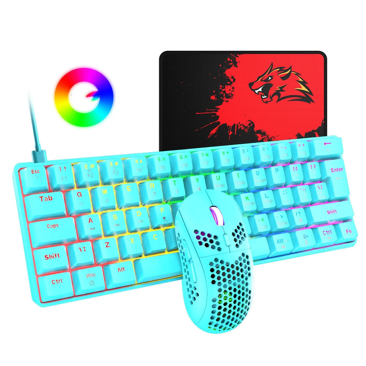 Wired gaming keyboard and mouse set with black green shaft keys and photoelectric mouse