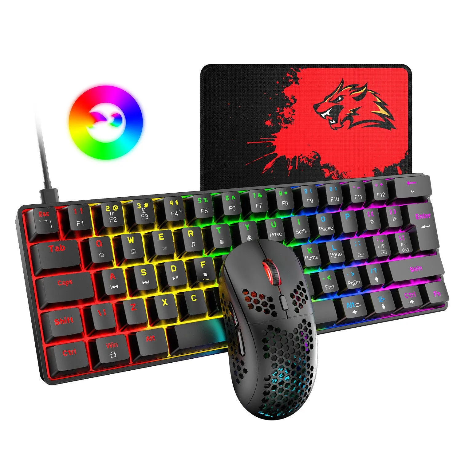 Wired gaming keyboard and mouse set with black green shaft keys and photoelectric mouse