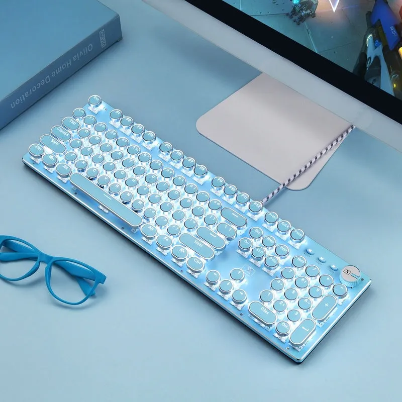 Steampunk style ABS electroplated keycaps with radium carved characters in four colour options Black Blue Pink White