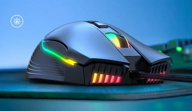 Black wired ergonomic gaming mouse with RGB lighting, seven buttons, four-way scroll wheel, and 1.5m USB cable on a dark surface