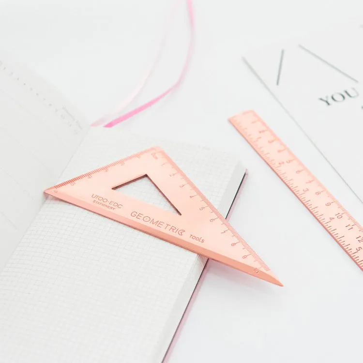 Stainless steel ruler set with protractor, triangle plate, and ruler in transparent pocket