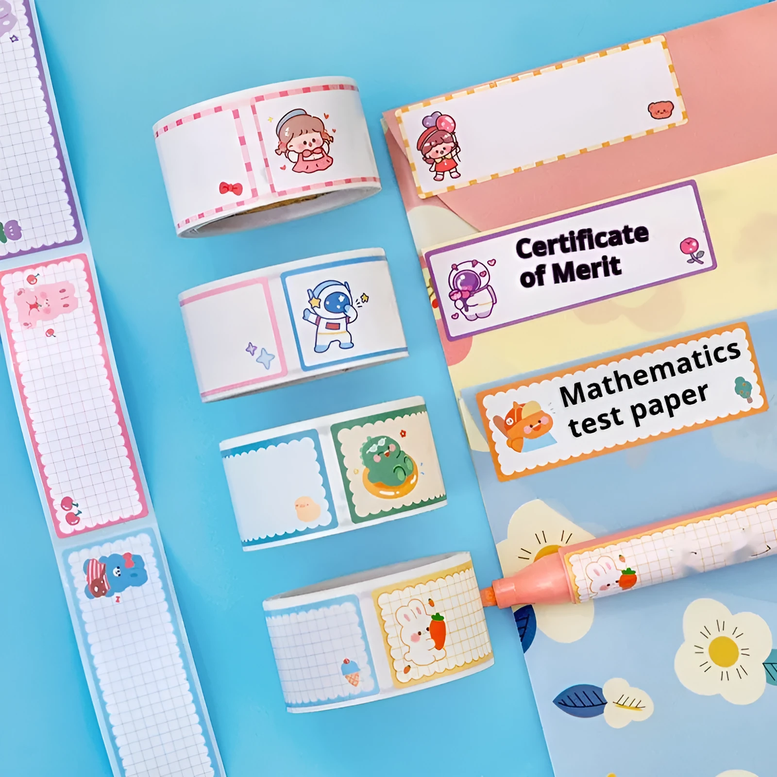 Roll of cartoon tape name stickers showing dinosaur, astronaut, rabbit, and girl designs with 60 stickers