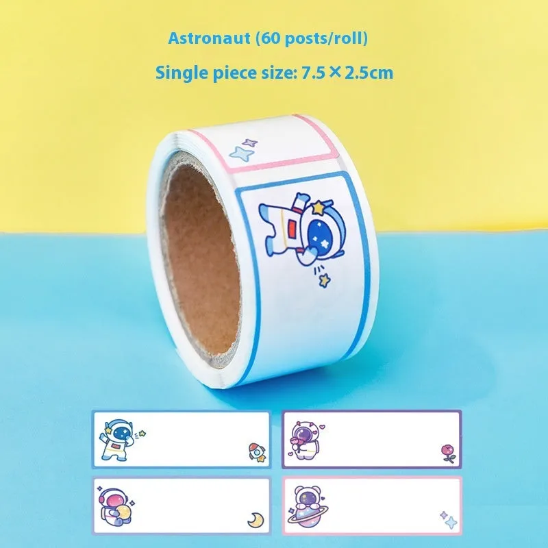 Roll of cartoon tape name stickers showing dinosaur, astronaut, rabbit, and girl designs with 60 stickers