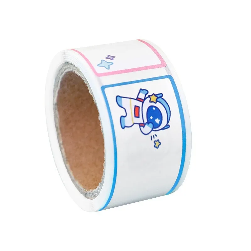 Roll of cartoon tape name stickers showing dinosaur, astronaut, rabbit, and girl designs with 60 stickers