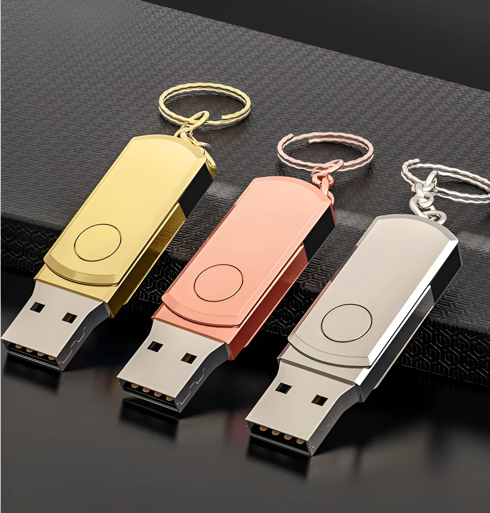 Metal USB flash drive for iPhone in Gold, 128GB or 256GB capacity, compact and portable