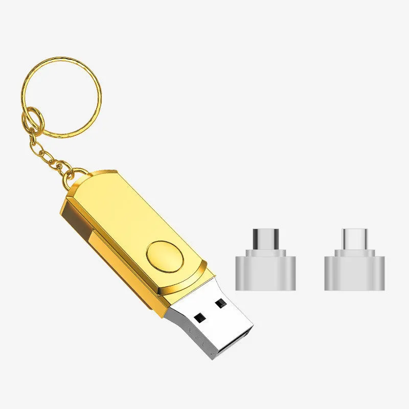 Metal USB flash drive for iPhone in Gold, 128GB or 256GB capacity, compact and portable