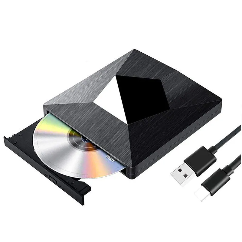 External USB 3.0 DVD burner tray-loading optical drive in black with silver black wire rod