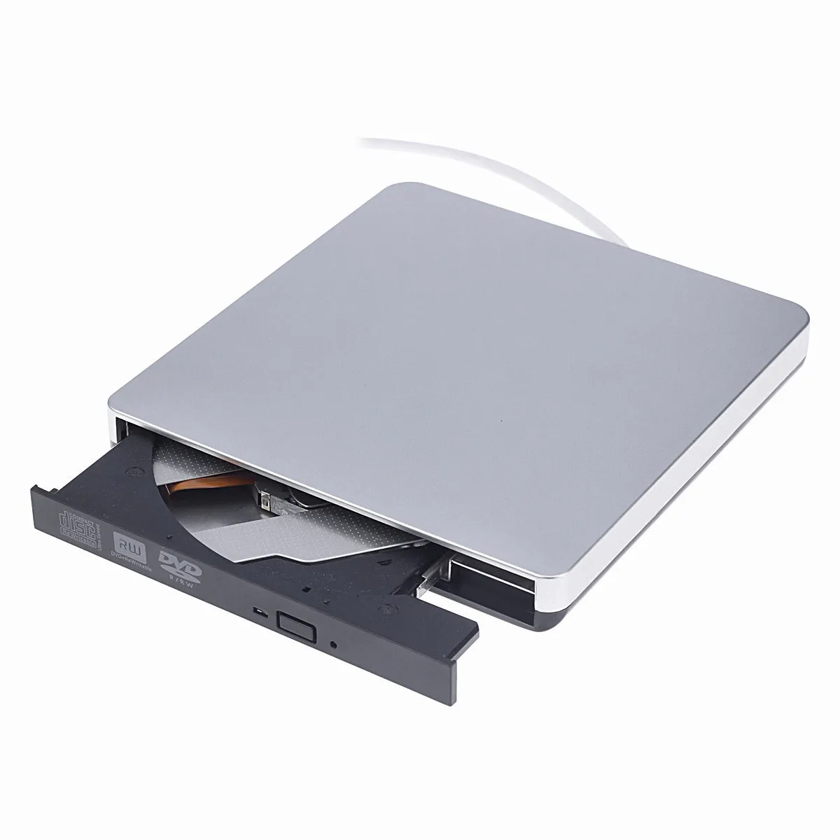 External USB 3.0 DVD burner tray-loading optical drive in black with silver black wire rod