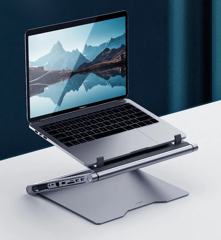 Aluminium alloy laptop stand with 8-in-1 USB-C docking station in deep space grey for notebook desk use