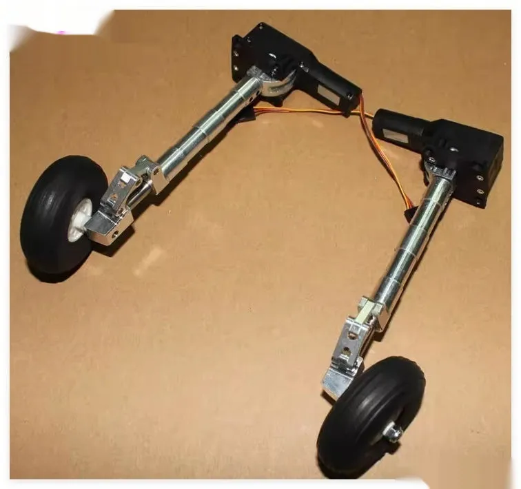 Retractable alloy shock-absorbing landing gear for electric aircraft models with choice of wheel sizes.