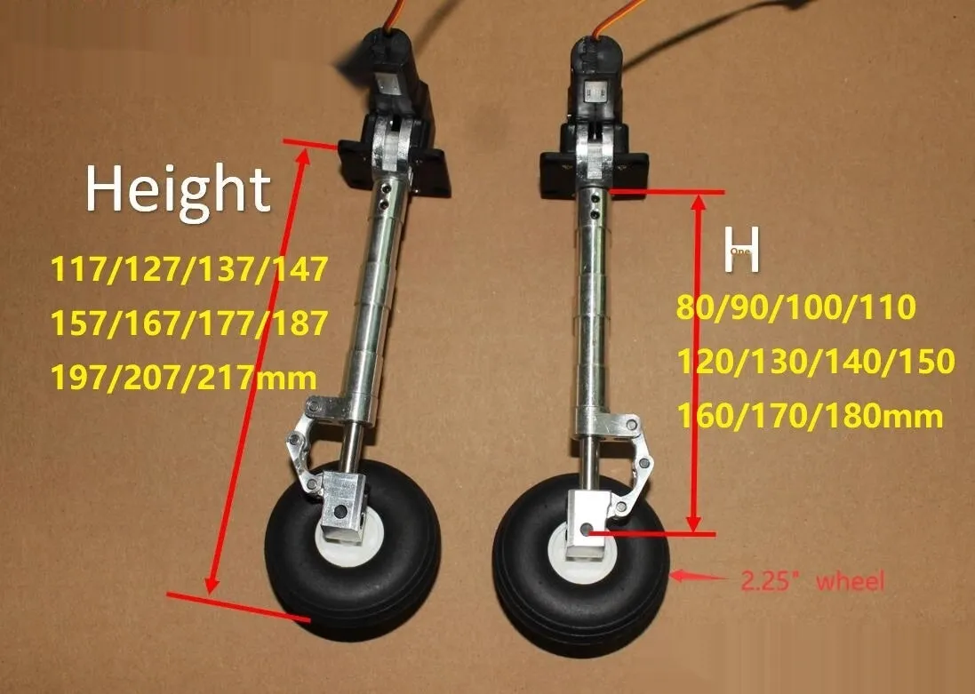 Retractable alloy shock-absorbing landing gear for electric aircraft models with choice of wheel sizes.
