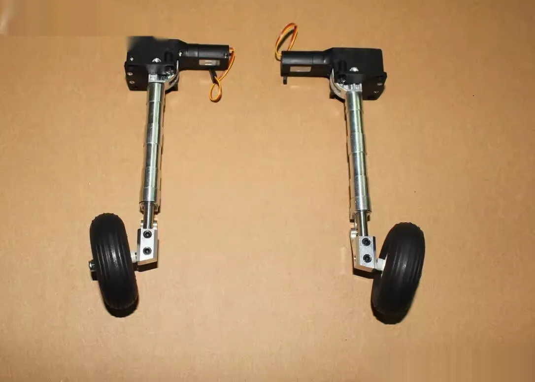 Retractable alloy shock-absorbing landing gear for electric aircraft models with choice of wheel sizes.