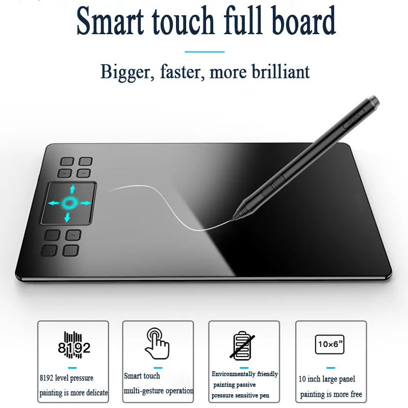 Digital drawing board with 8129 pressure sensitivity, passive pen, and 10x6 inch active area