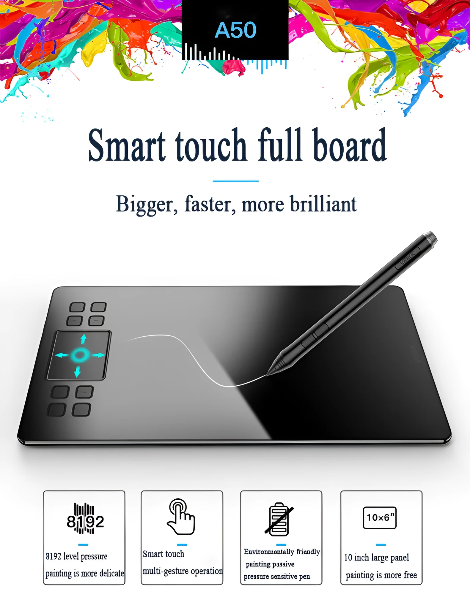Digital drawing board with 8129 pressure sensitivity, passive pen, and 10x6 inch active area
