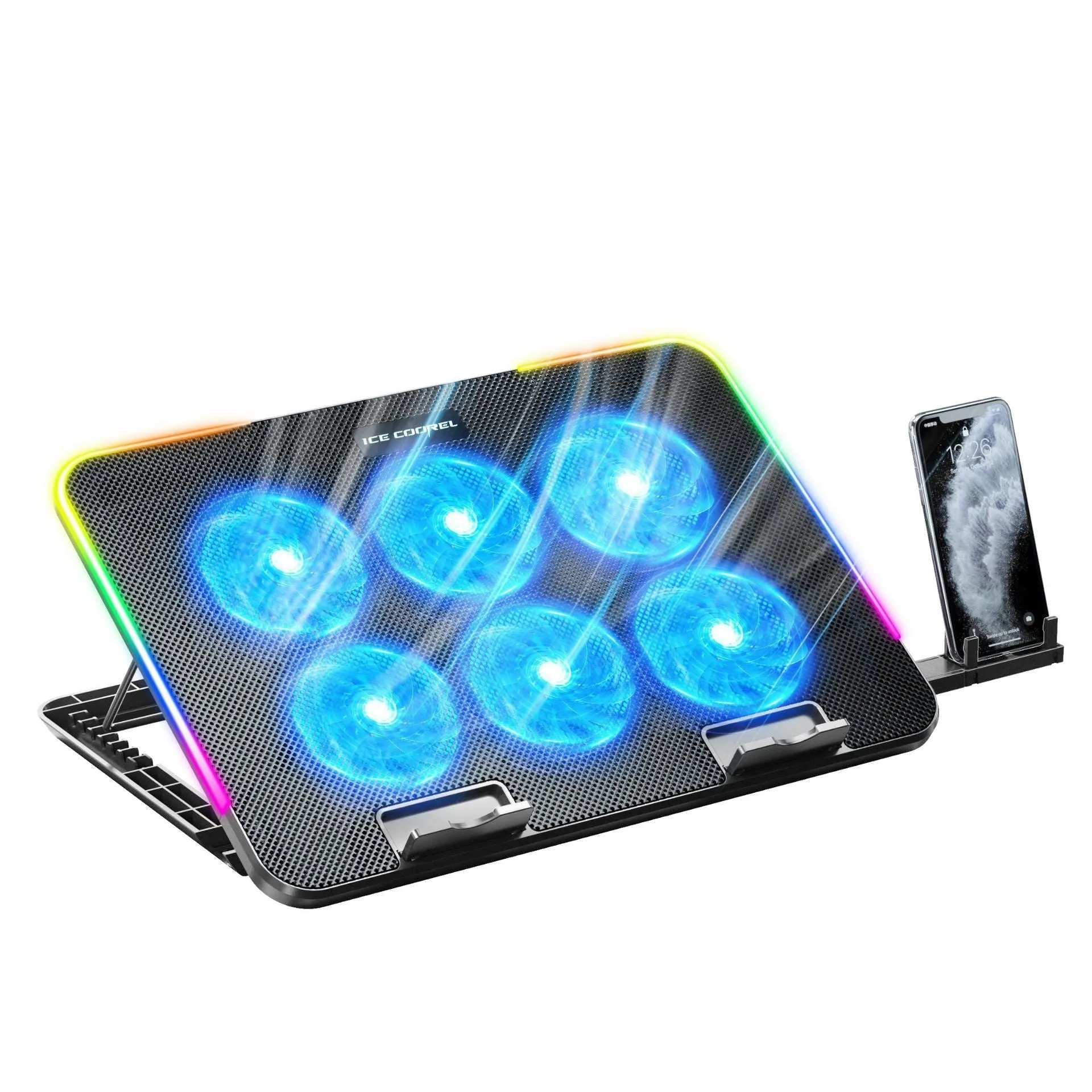 Core Ice laptop radiator air cooling base bracket with RGB light and phone stand, black colourful version, 360x255x27mm