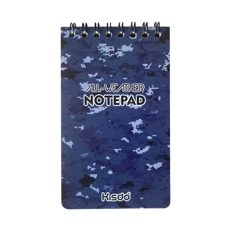 Waterproof spiral-bound notepad with stone paper pages and PP cover in camouflage colour options.