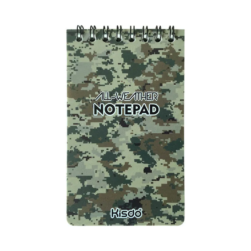 Waterproof spiral-bound notepad with stone paper pages and PP cover in camouflage colour options.