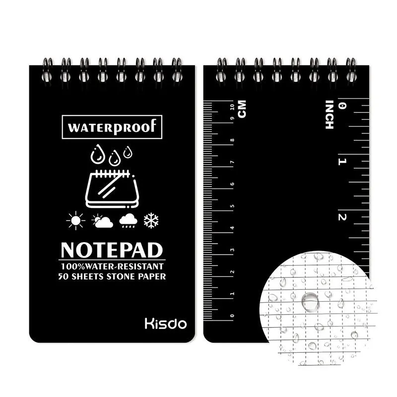 Waterproof spiral-bound notepad with stone paper pages and PP cover in camouflage colour options.
