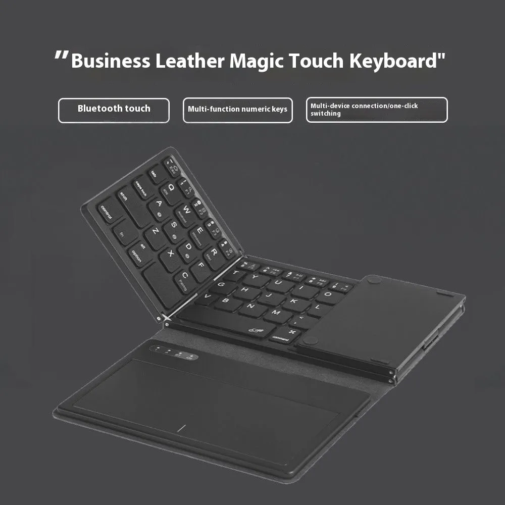 Black leather folding Bluetooth keyboard displayed against white background, folded and unfolded