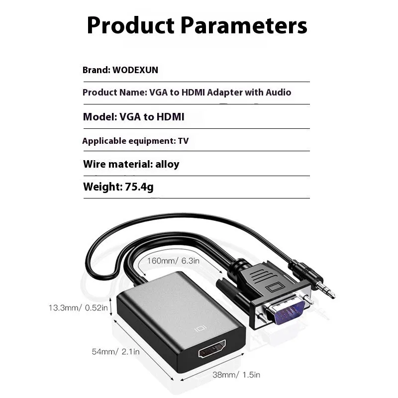 VGA to HDMI adapter cable in green box with 15cm length and audio power supply