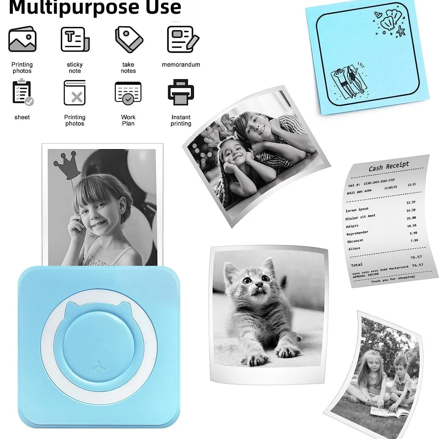 Pocket mini thermal printer in Macaron Blue with USB cable on white background