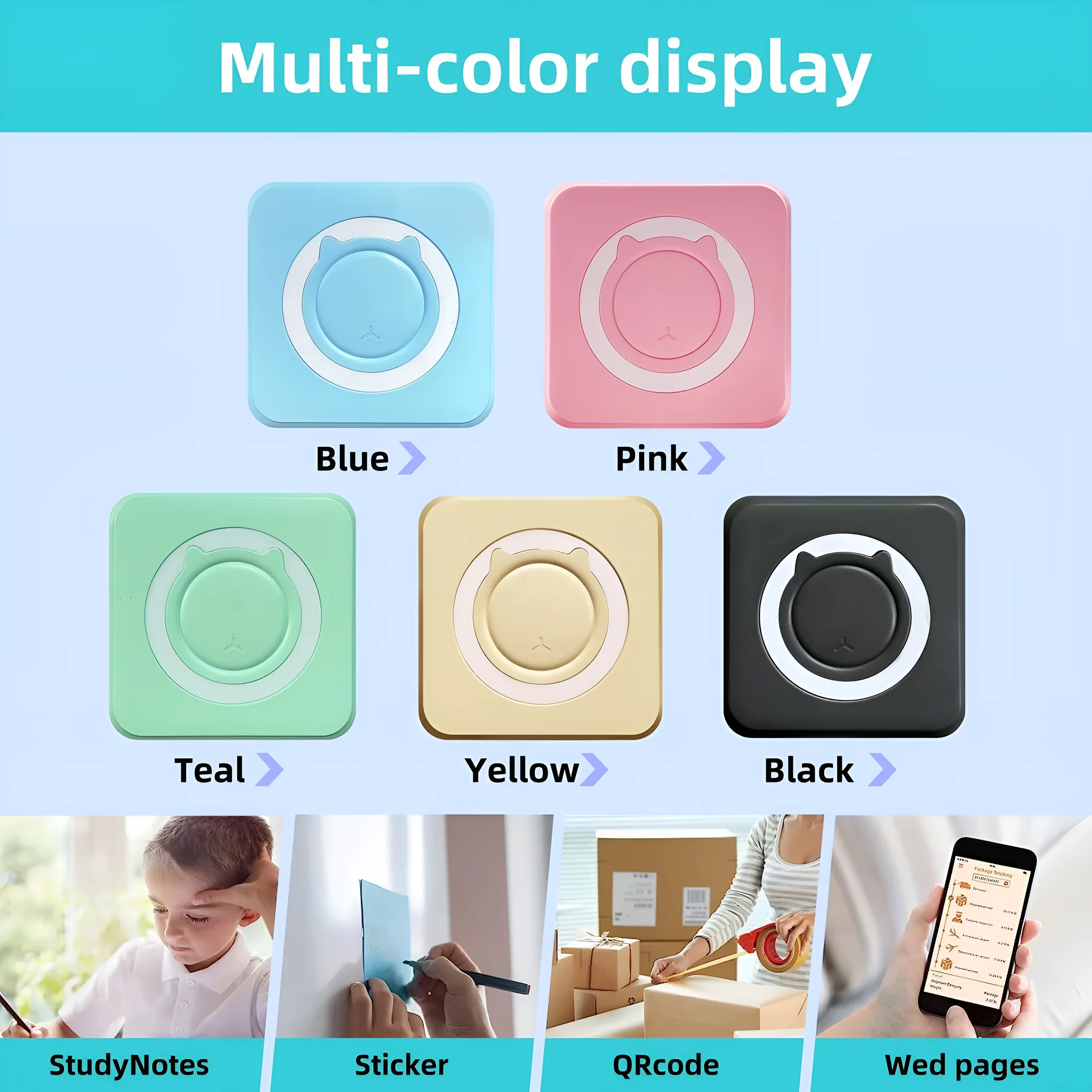 Pocket mini thermal printer in Macaron Blue with USB cable on white background