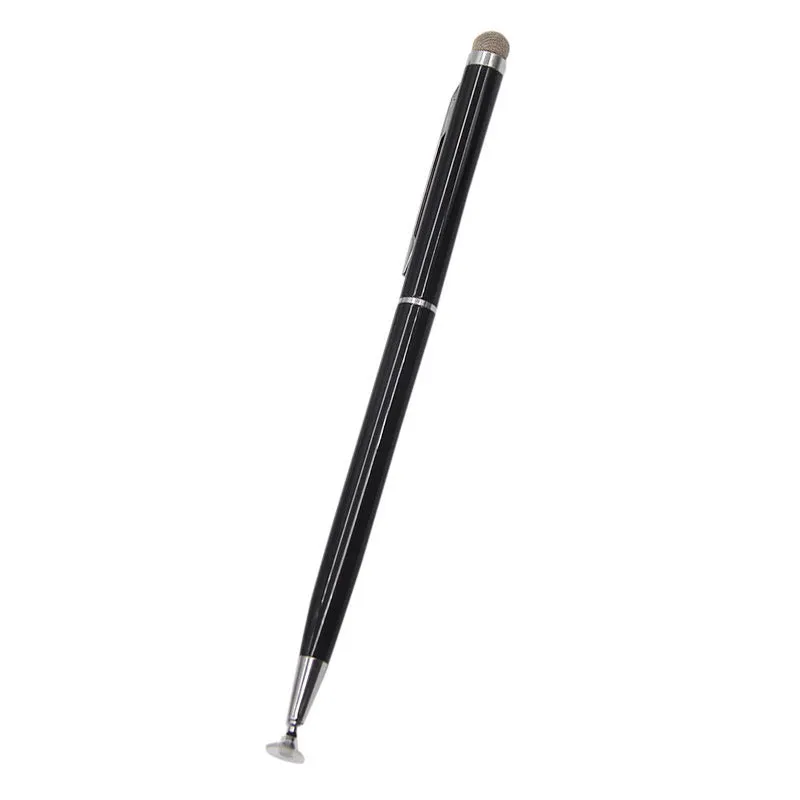 2-in-1 metal capacitive stylus with cloth and handwriting tips in black on white background