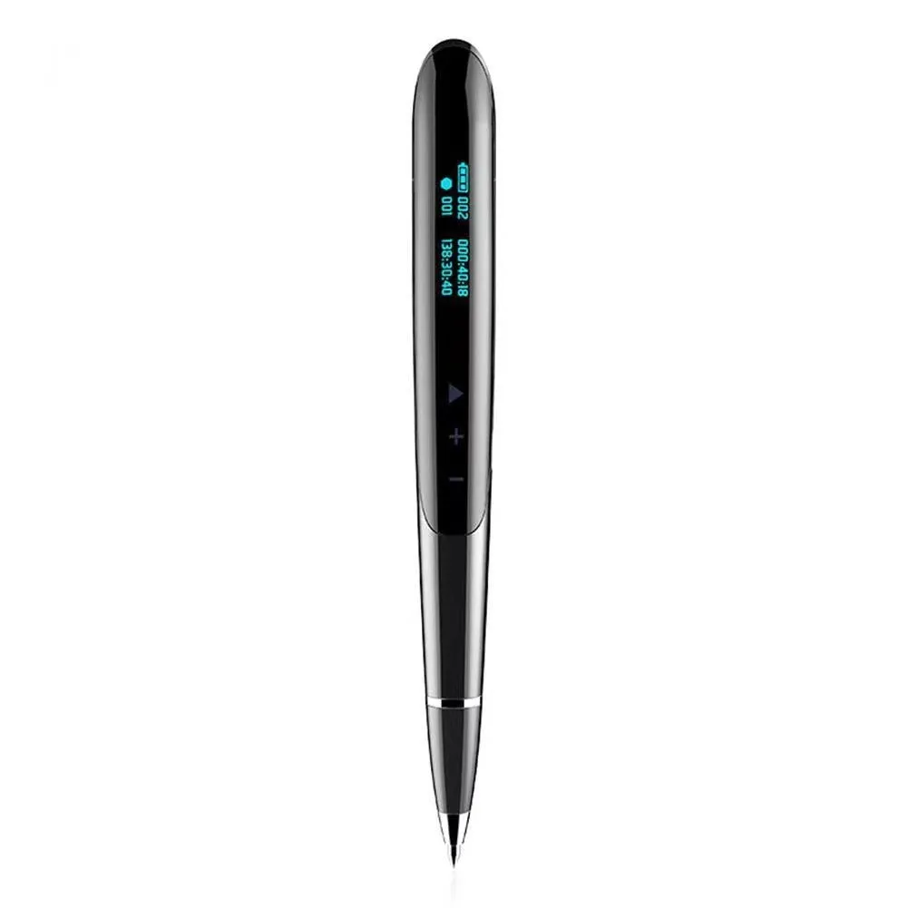 Black and silver lossless audio recording pens with OLED display screens and zinc alloy shells.