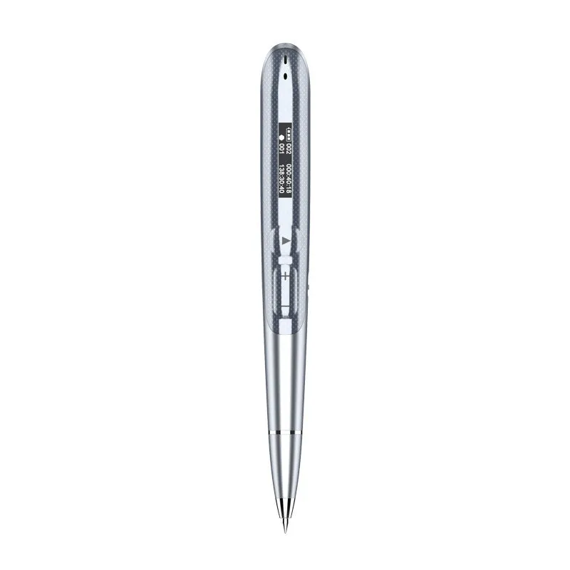 Black and silver lossless audio recording pens with OLED display screens and zinc alloy shells.
