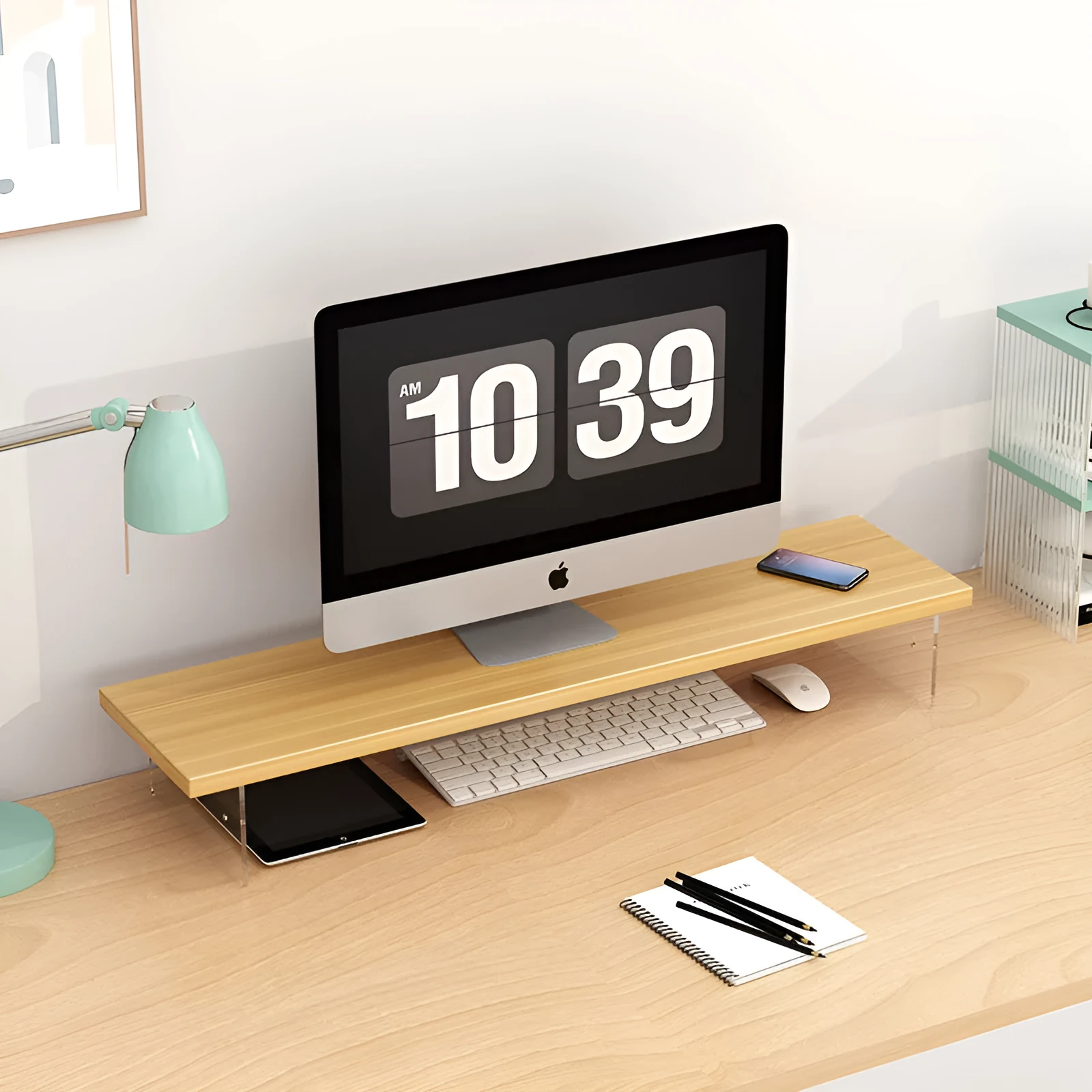 Black computer riser with acrylic legs on desk under monitor