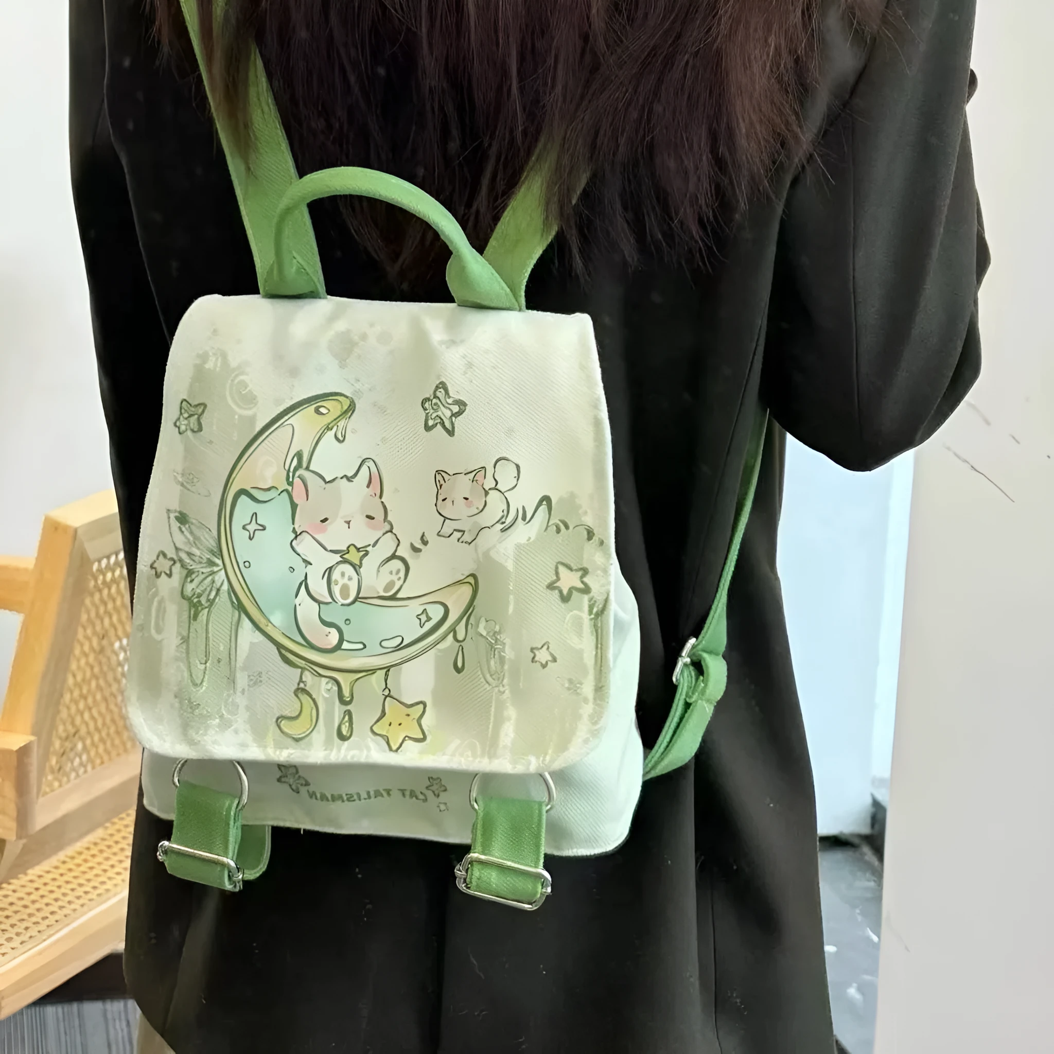 Mint Mambo green cute polyester backpack with spliced design, external sandwich pocket, 23x10x25cm size