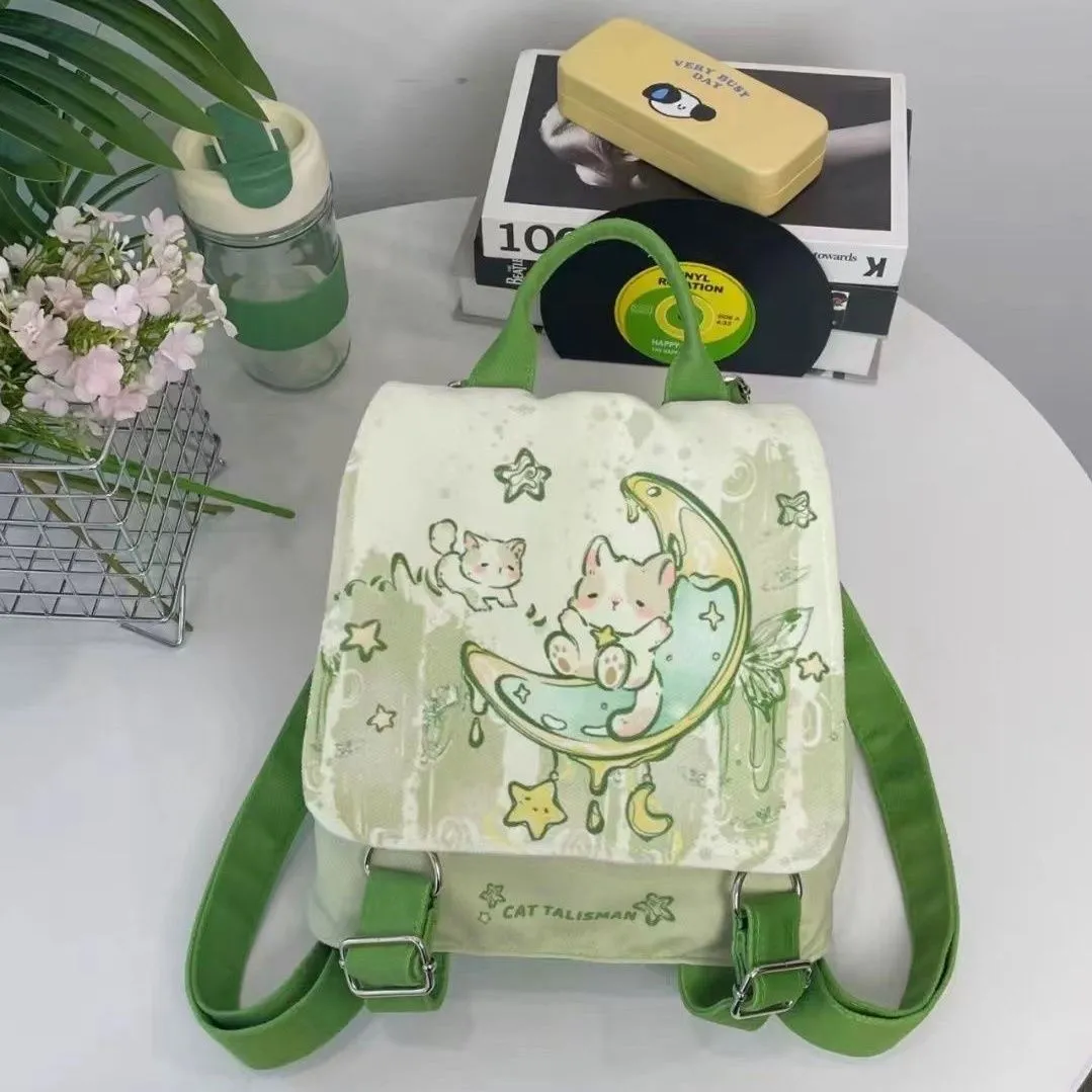 Mint Mambo green cute polyester backpack with spliced design, external sandwich pocket, 23x10x25cm size