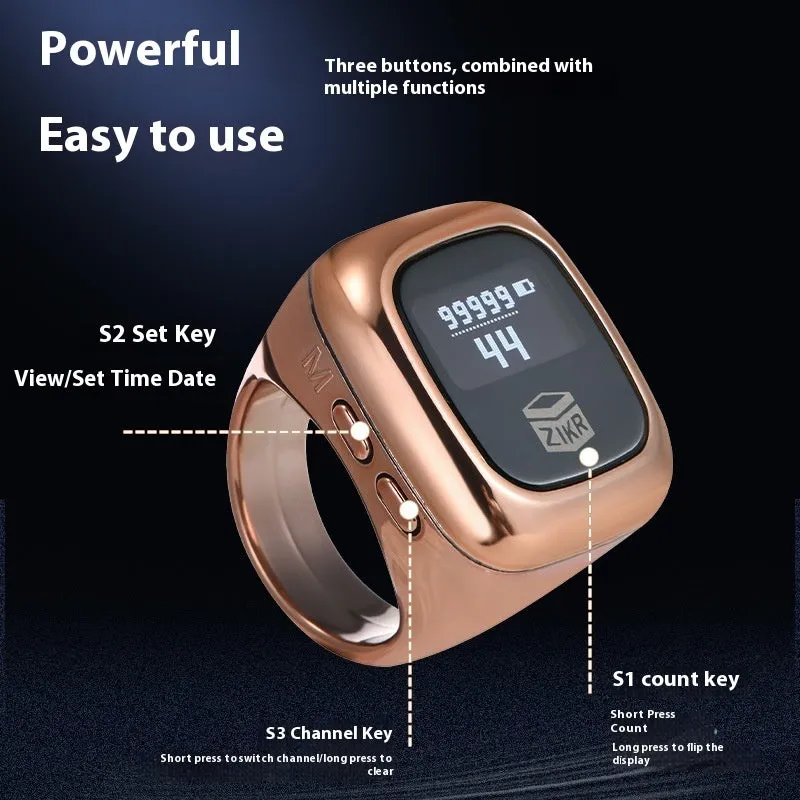 Electronic counter with digital display showing numbers and text, available in multiple colours and band width sizes